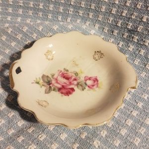 Cute Little Vintage Floral Rose Porcelain Dish with Gold Accents - Japan
